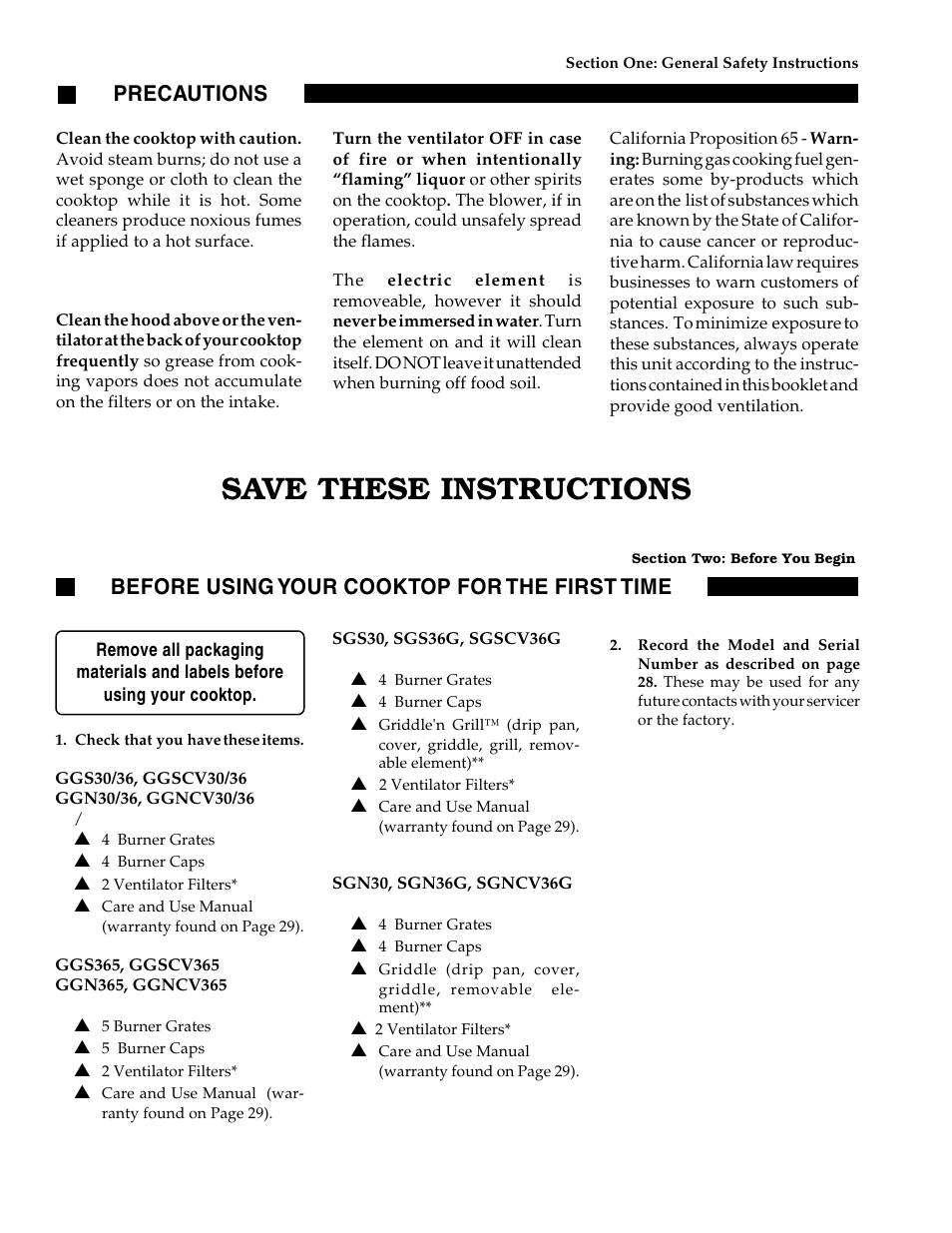 Save these instructions, Precautions, Before using your cooktop for the first time | Thermador GGN30 User Manual | Page 8 / 32