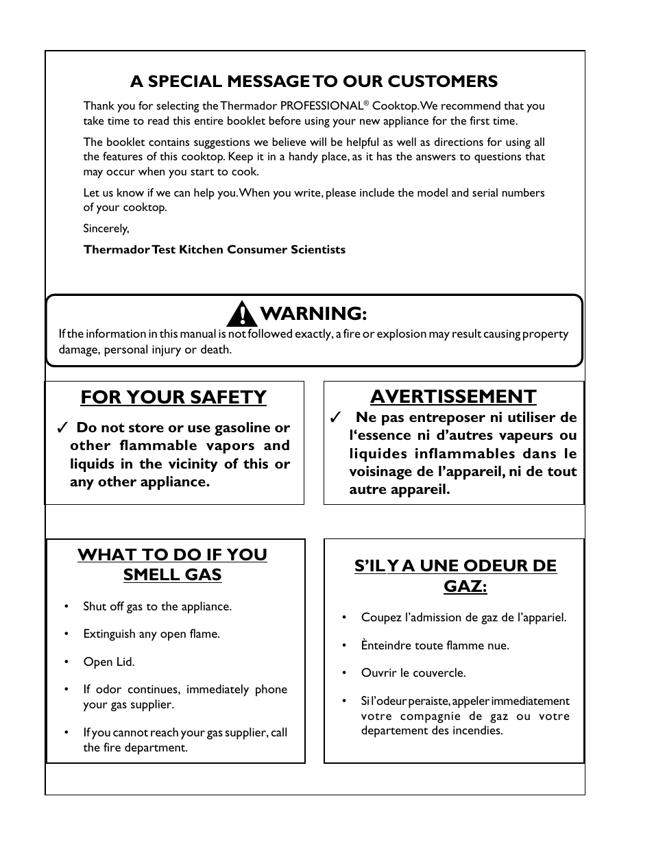 Warning, Avertissement, For your safety | Thermador PCS484GG User Manual | Page 2 / 36
