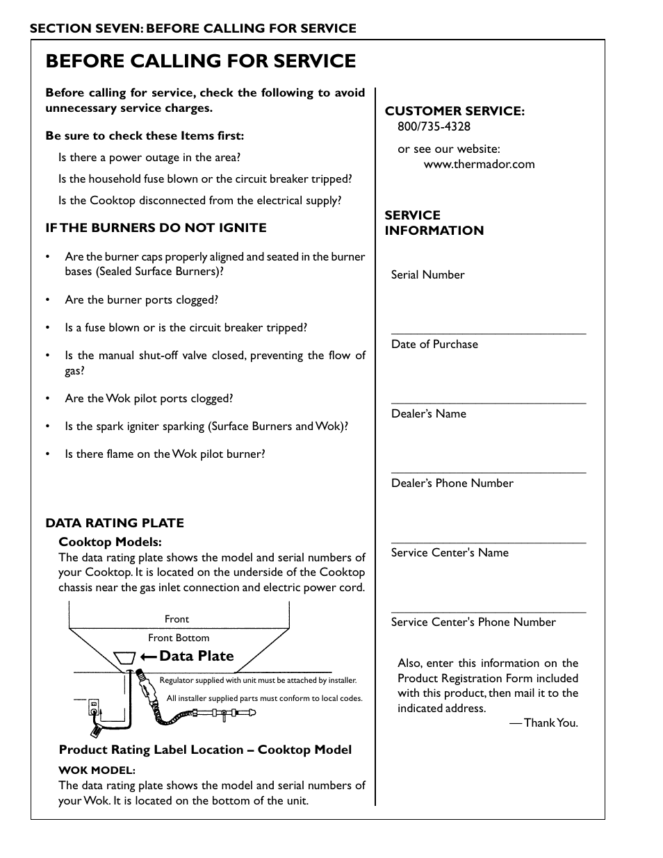 Before calling for service, Data plate | Thermador PCS484GG User Manual | Page 32 / 36