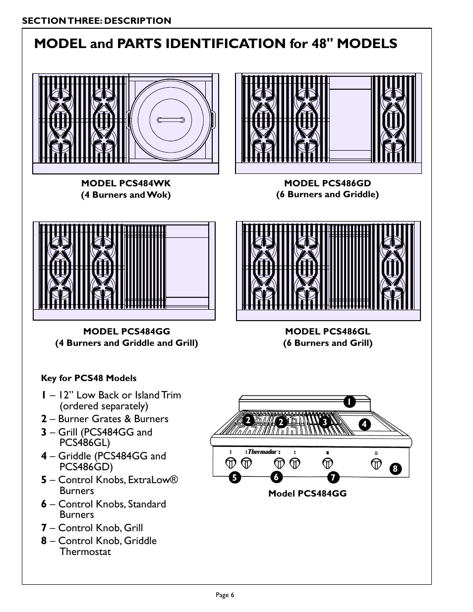 Model and parts identification for 48" models | Thermador PCS484GG User Manual | Page 8 / 36