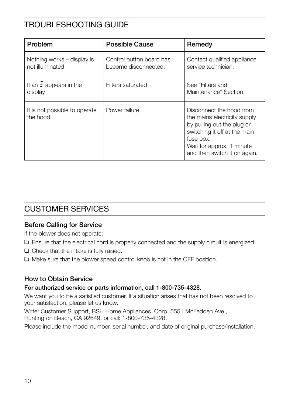 Troubleshooting guide, Customer services | Thermador HGEW36FS User Manual | Page 10 / 32