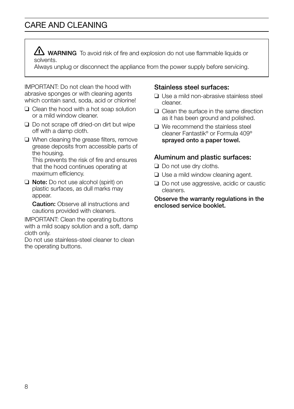 Care and cleaning | Thermador HGEW36FS User Manual | Page 8 / 32