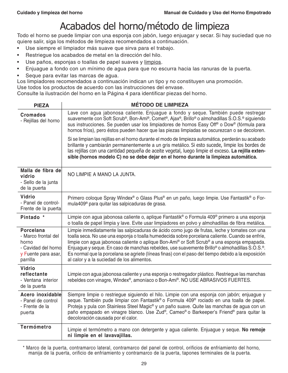 Acabados del horno/método de limpieza | Thermador C301 User Manual | Page 103 / 112