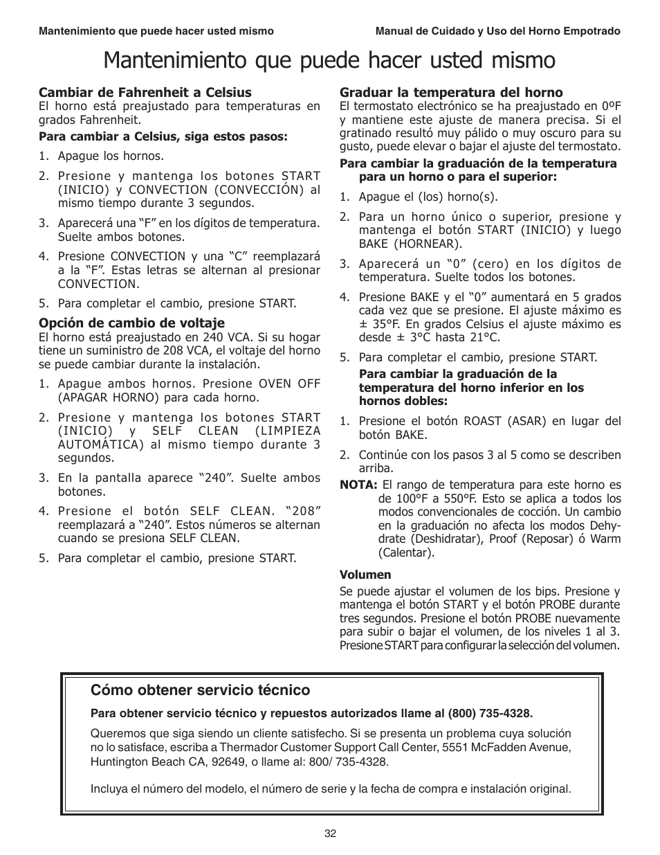 Mantenimiento que puede hacer usted mismo, Cómo obtener servicio técnico | Thermador C301 User Manual | Page 106 / 112