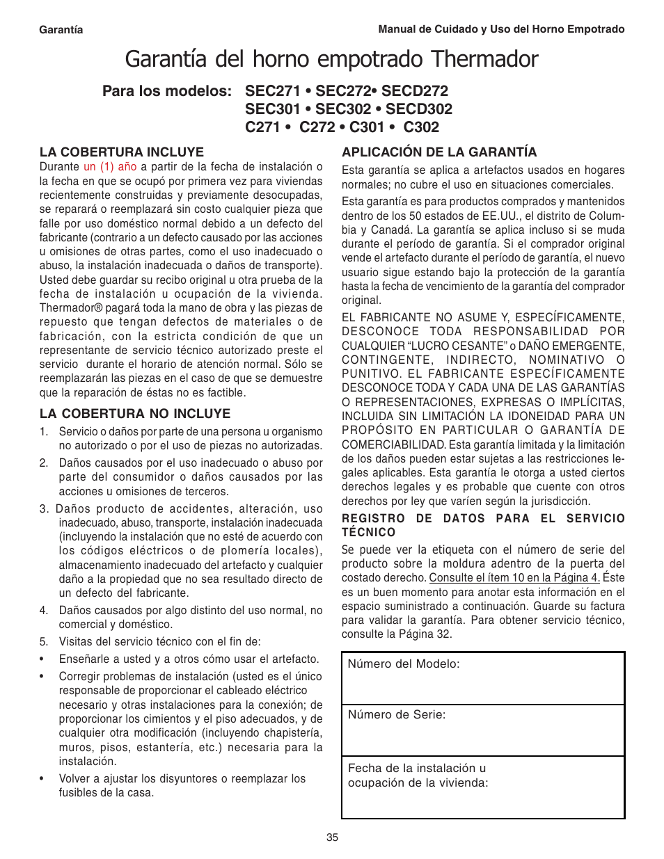 Garantía del horno empotrado thermador | Thermador C301 User Manual | Page 109 / 112