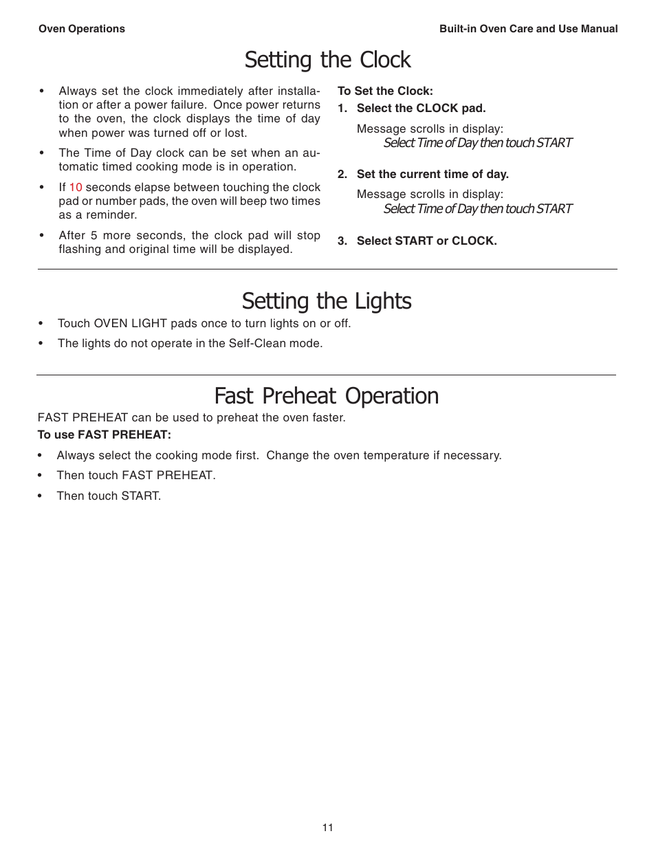 Setting the clock, Setting the lights, Fast preheat operation | Thermador C301 User Manual | Page 13 / 112