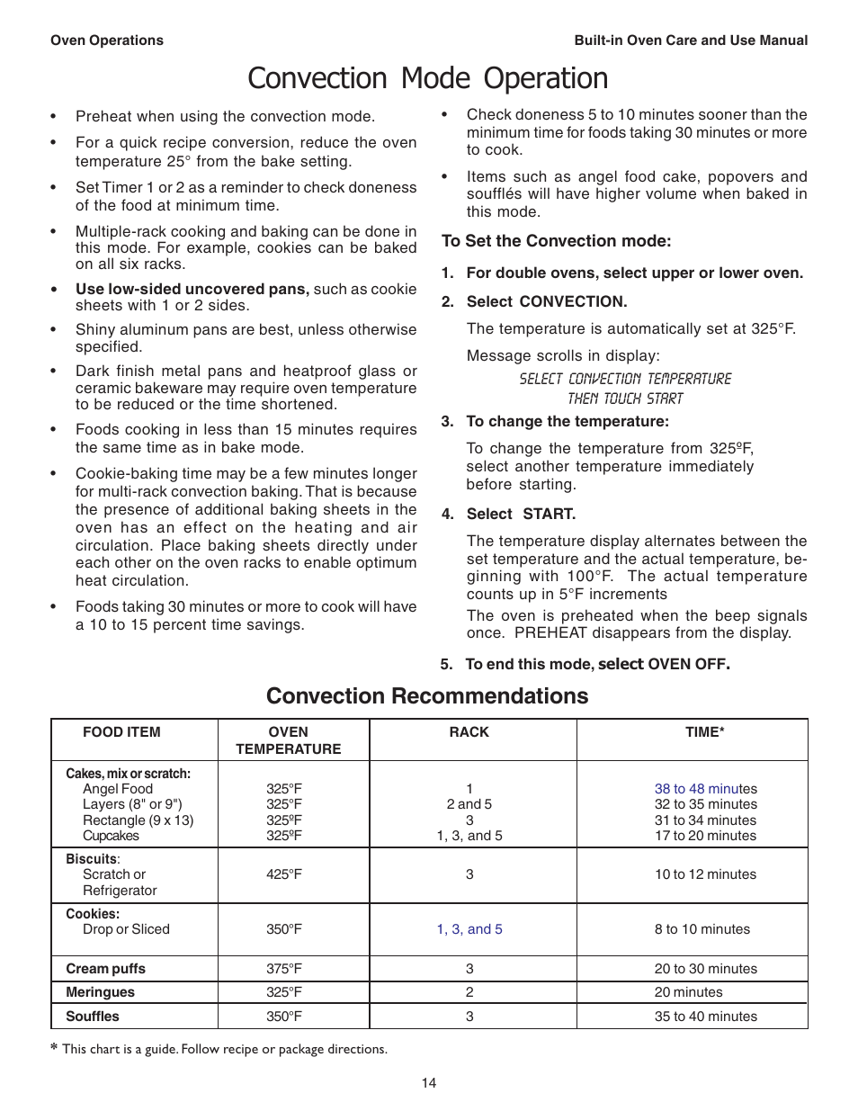 Convection mode operation, Convection recommendations | Thermador C301 User Manual | Page 16 / 112