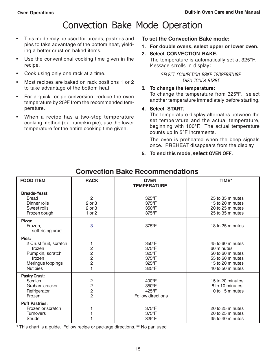 Convection bake mode operation, Convection bake recommendations | Thermador C301 User Manual | Page 17 / 112