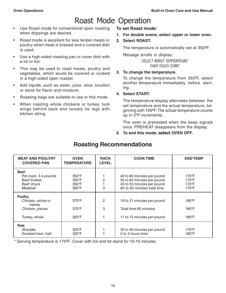 Roast mode operation, Roasting recommendations | Thermador C301 User Manual | Page 18 / 112