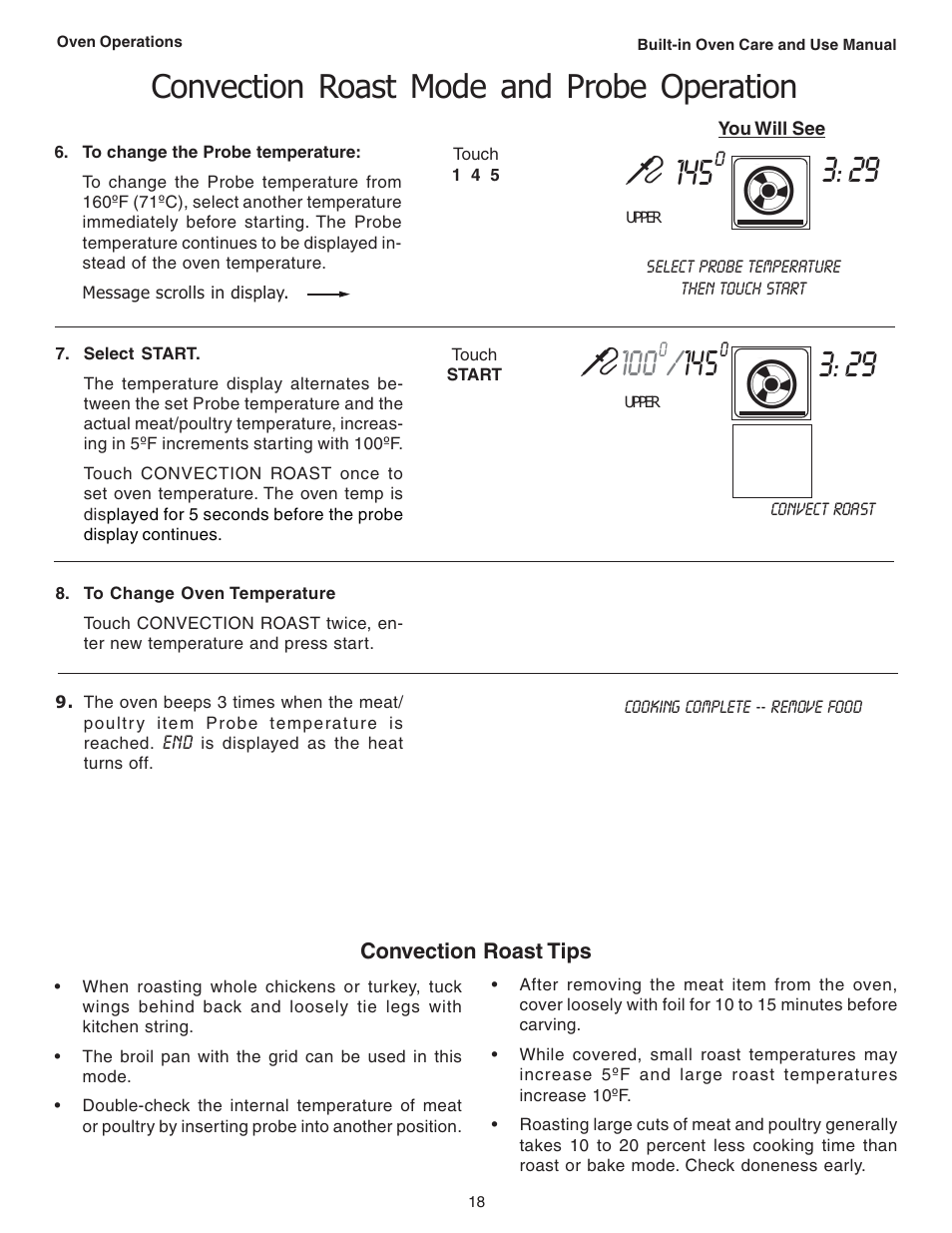 Convection roast mode and probe operation | Thermador C301 User Manual | Page 20 / 112