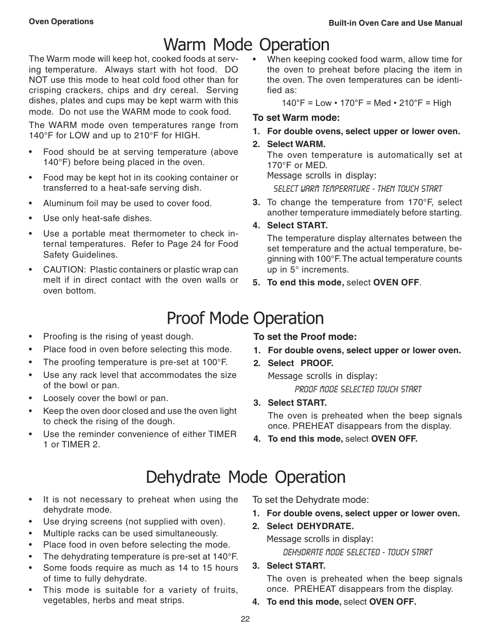 Warm mode operation, Proof mode operation, Dehydrate mode operation | Thermador C301 User Manual | Page 24 / 112