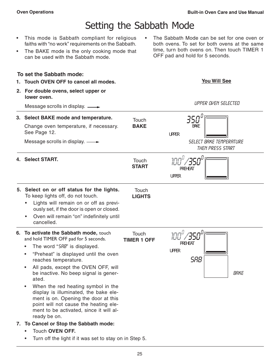 Setting the sabbath mode | Thermador C301 User Manual | Page 27 / 112