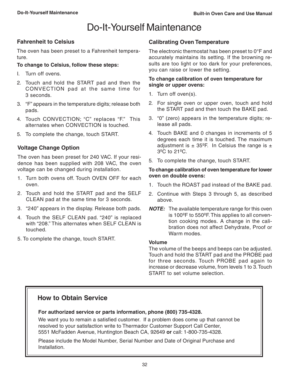 Do-it-yourself maintenance, How to obtain service | Thermador C301 User Manual | Page 34 / 112