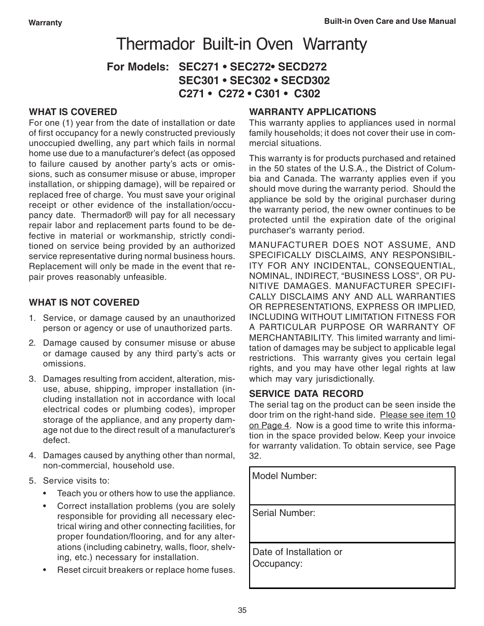 Thermador, Built-in oven warranty | Thermador C301 User Manual | Page 37 / 112