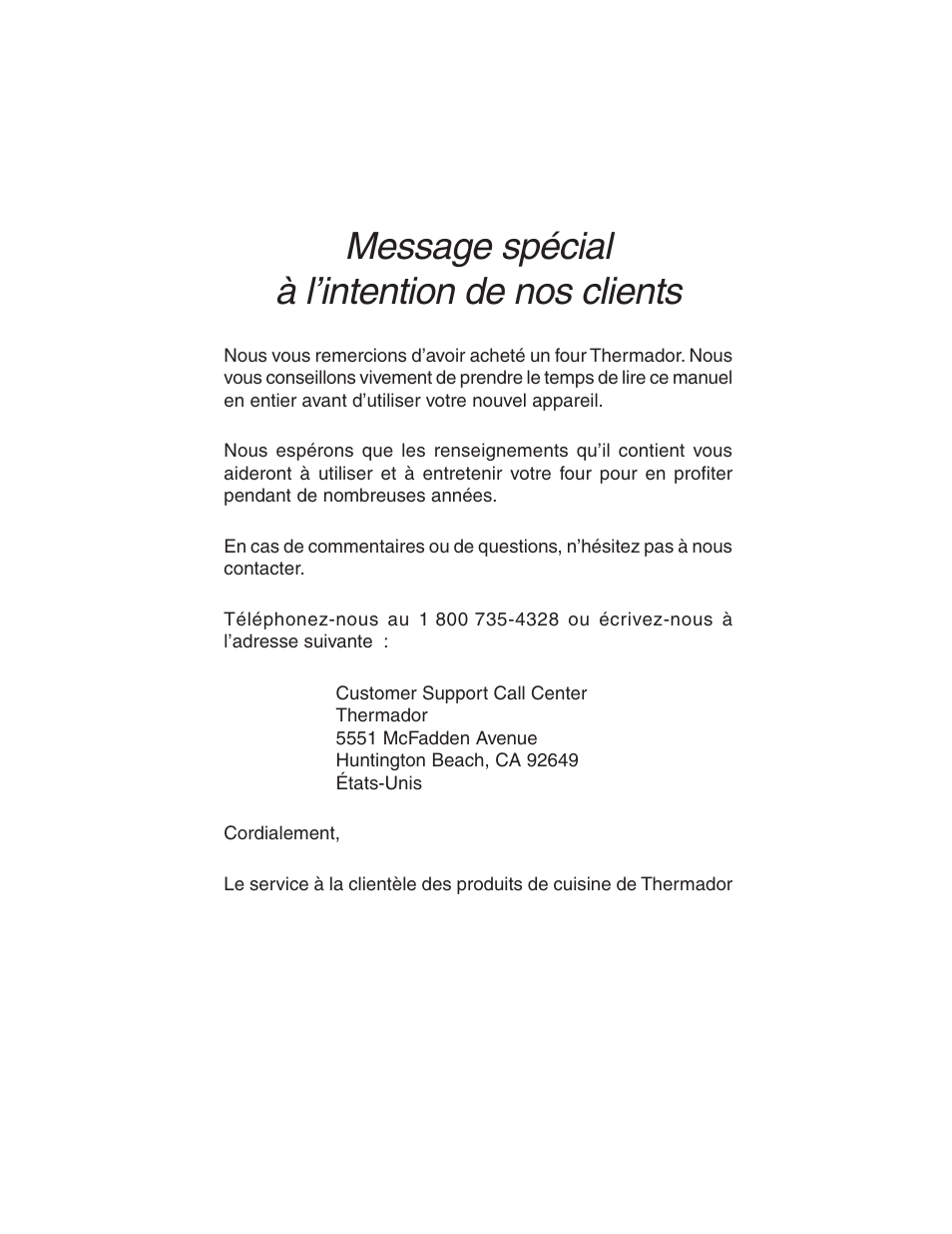 Message spécial à l’intention de nos clients | Thermador C301 User Manual | Page 38 / 112