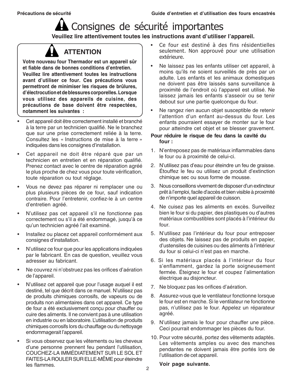 Consignes de sécurité importantes, Attention | Thermador C301 User Manual | Page 40 / 112