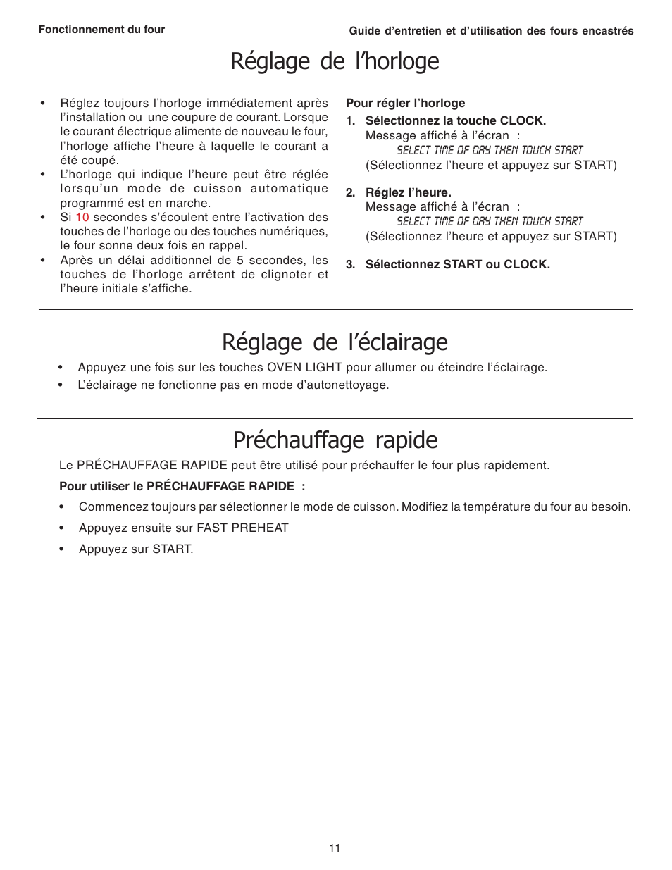 Réglage de l’horloge, Réglage de l’éclairage, Préchauffage rapide | Thermador C301 User Manual | Page 49 / 112