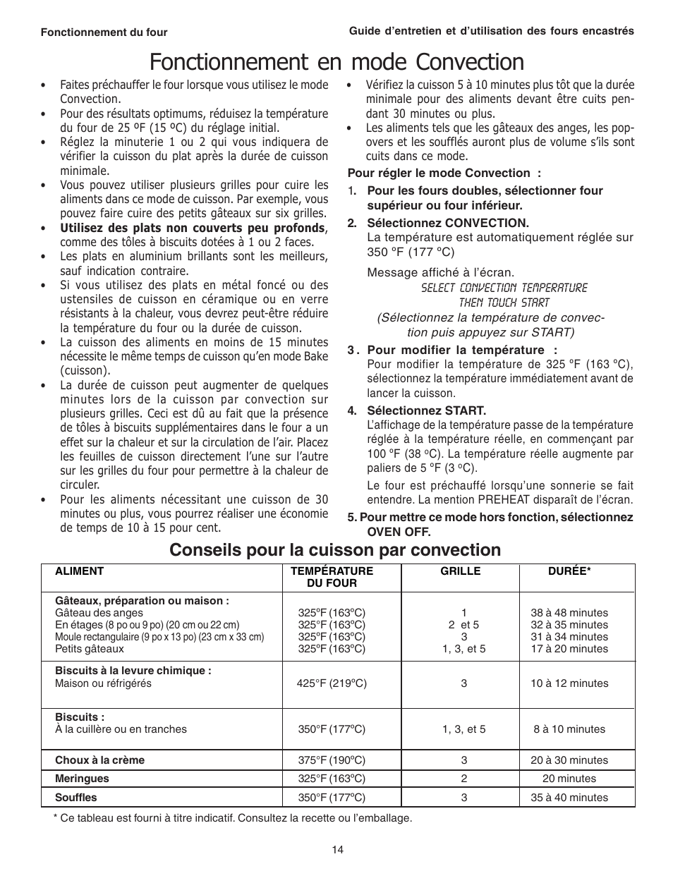 Fonctionnement en mode convection, Conseils pour la cuisson par convection | Thermador C301 User Manual | Page 52 / 112