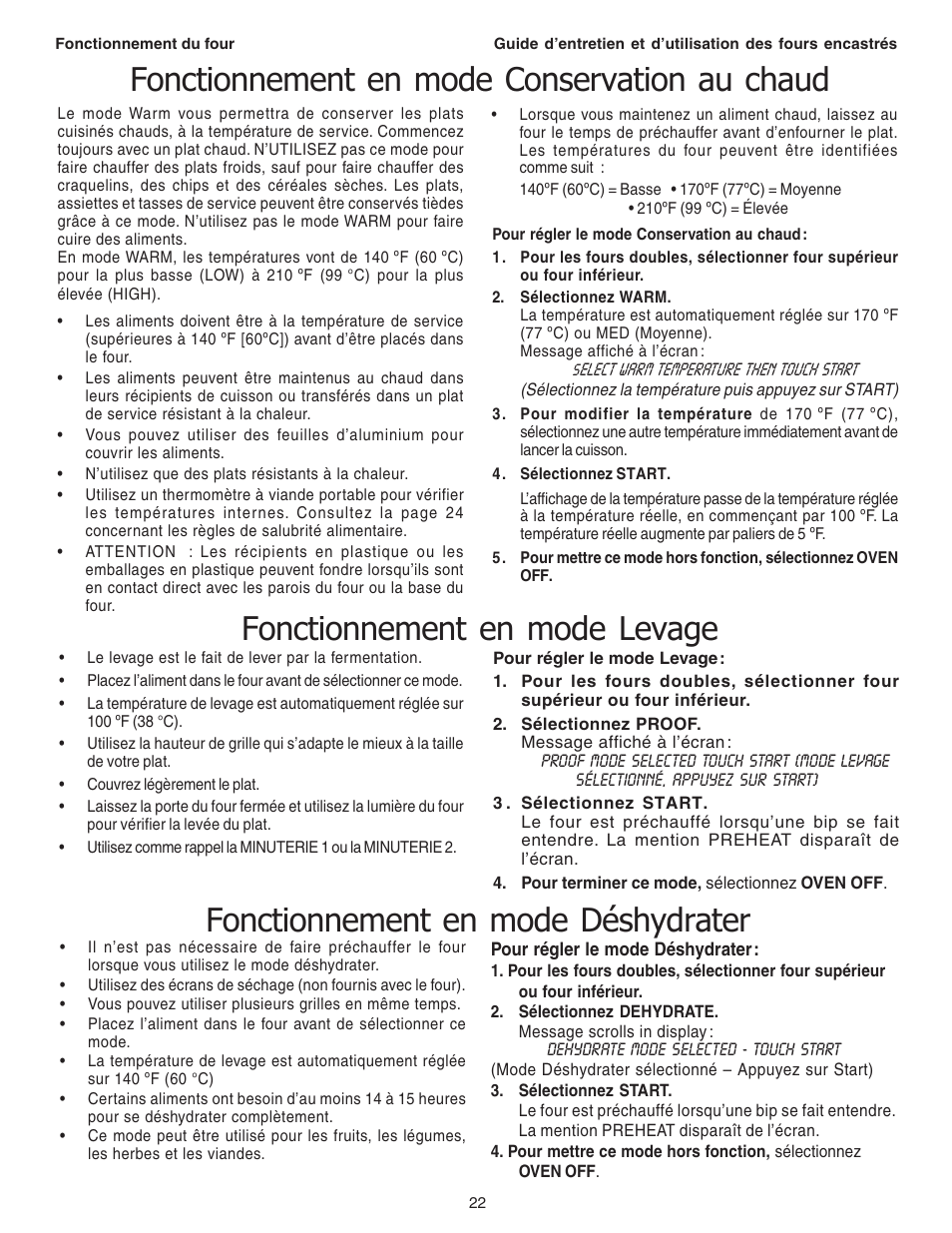 Fonctionnement en mode conservation au chaud, Fonctionnement en mode levage, Fonctionnement en mode déshydrater | Thermador C301 User Manual | Page 60 / 112