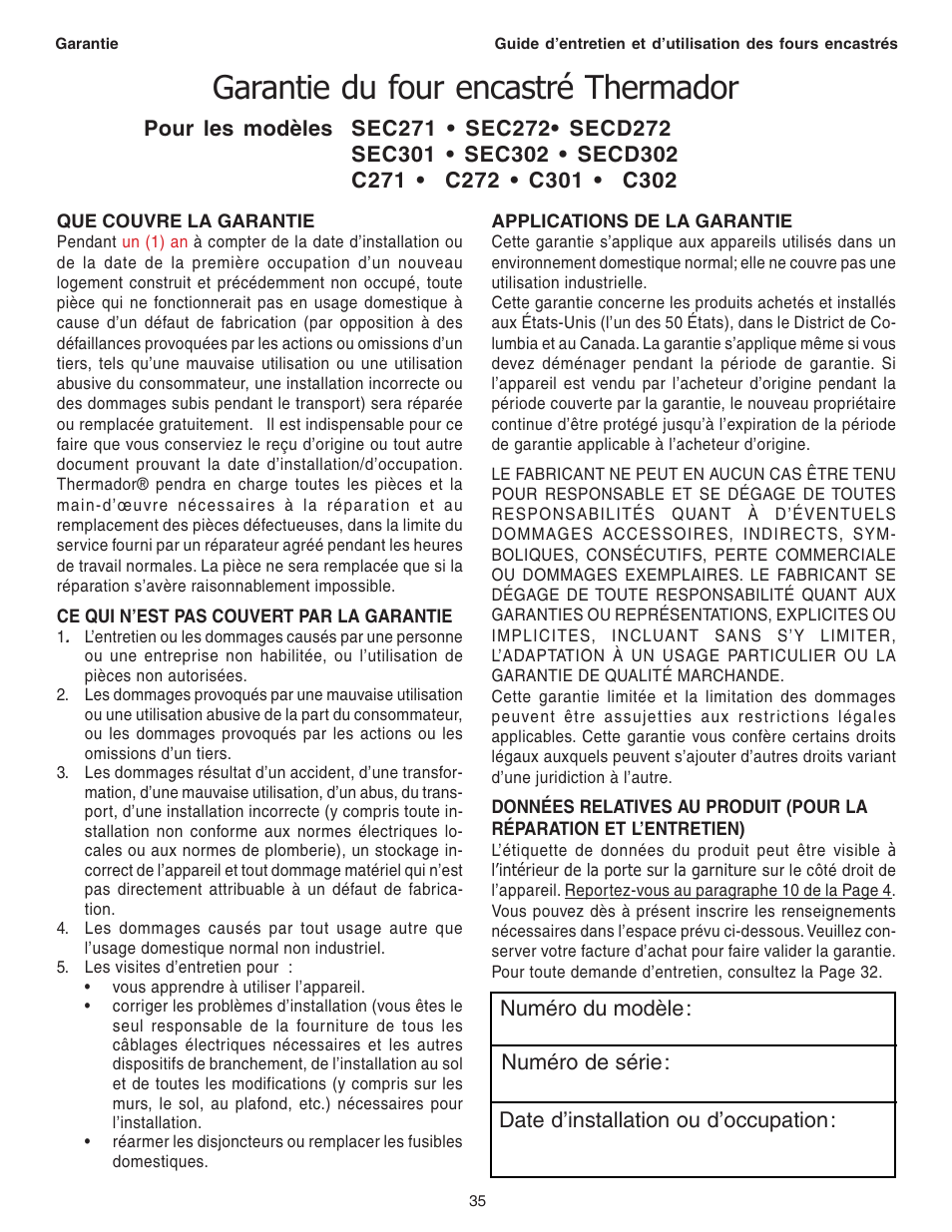 Garantie du four encastré thermador | Thermador C301 User Manual | Page 73 / 112