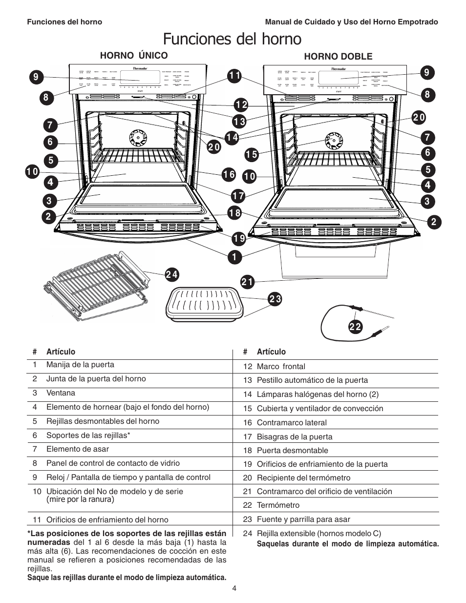 Funciones del horno, Horno único horno doble, Artículo | Manual de cuidado y uso del horno empotrado 4 | Thermador C301 User Manual | Page 78 / 112