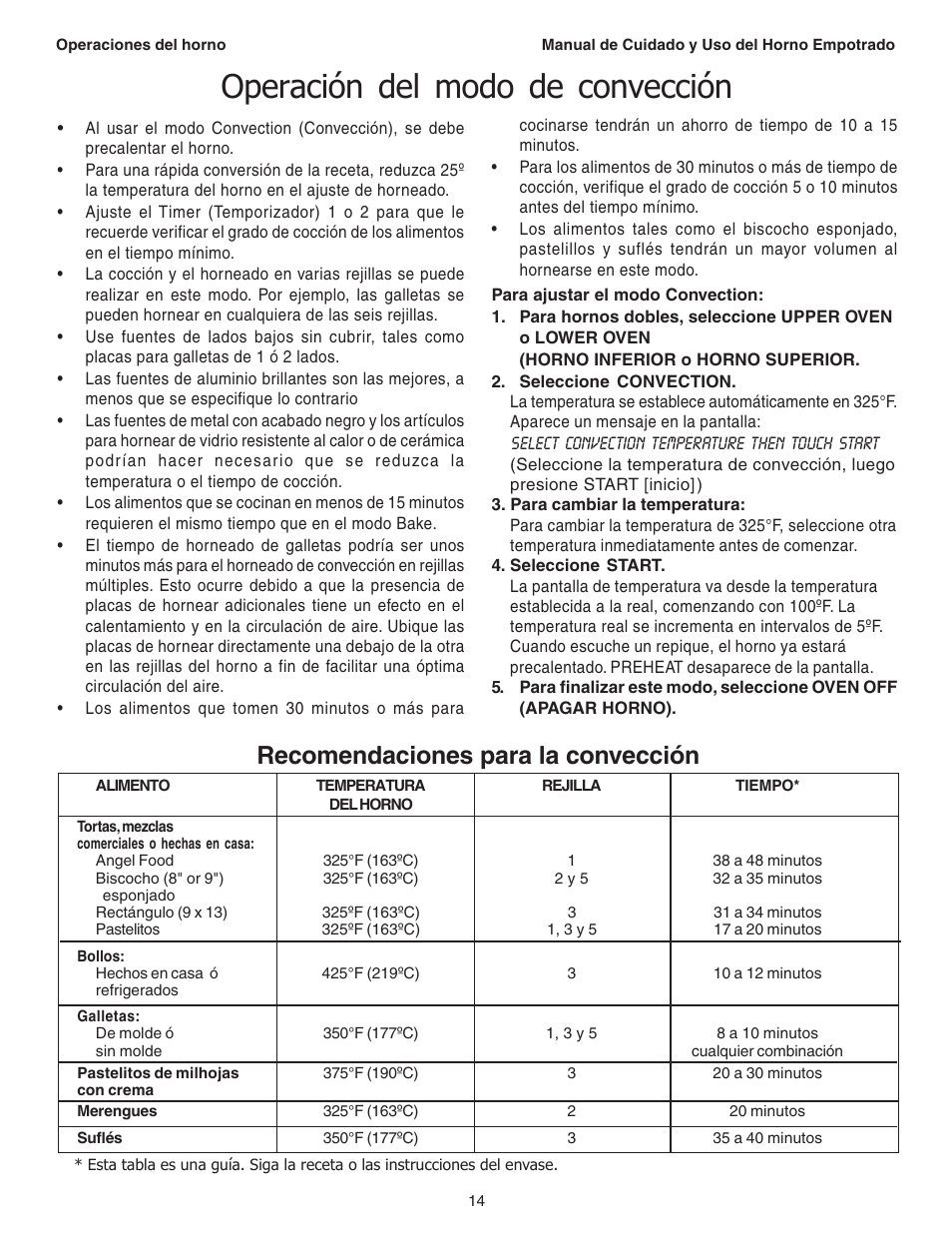 Operación del modo de convección, Recomendaciones para la convección | Thermador C301 User Manual | Page 88 / 112