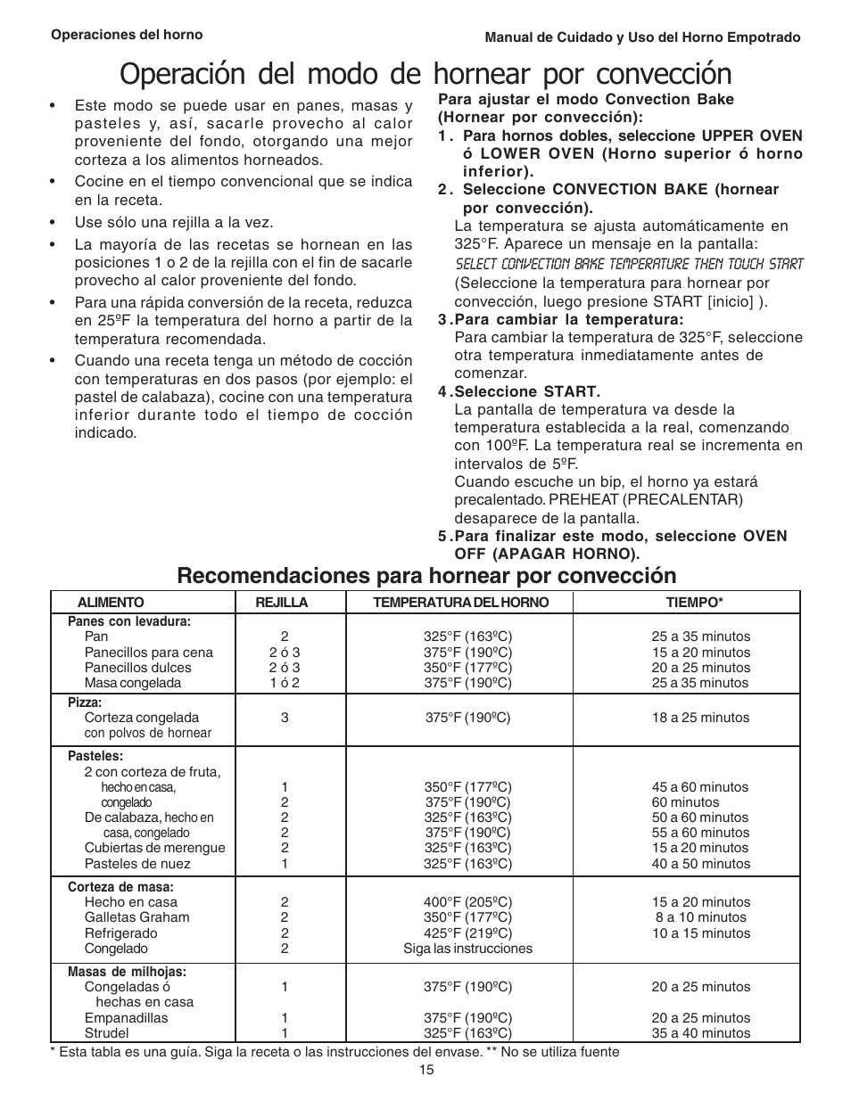 Operación del modo de hornear por convección, Recomendaciones para hornear por convección | Thermador C301 User Manual | Page 89 / 112