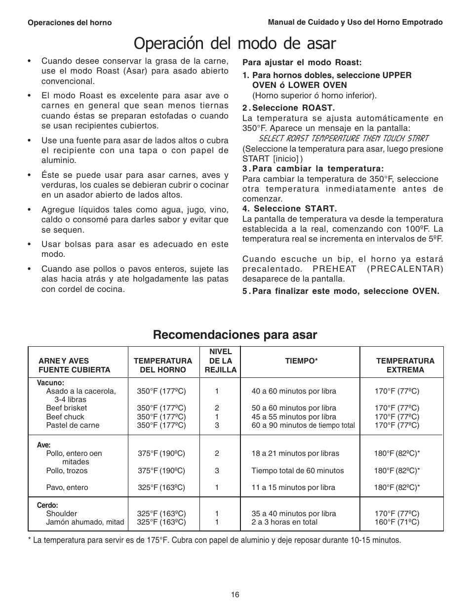 Operación del modo de asar, Recomendaciones para asar | Thermador C301 User Manual | Page 90 / 112