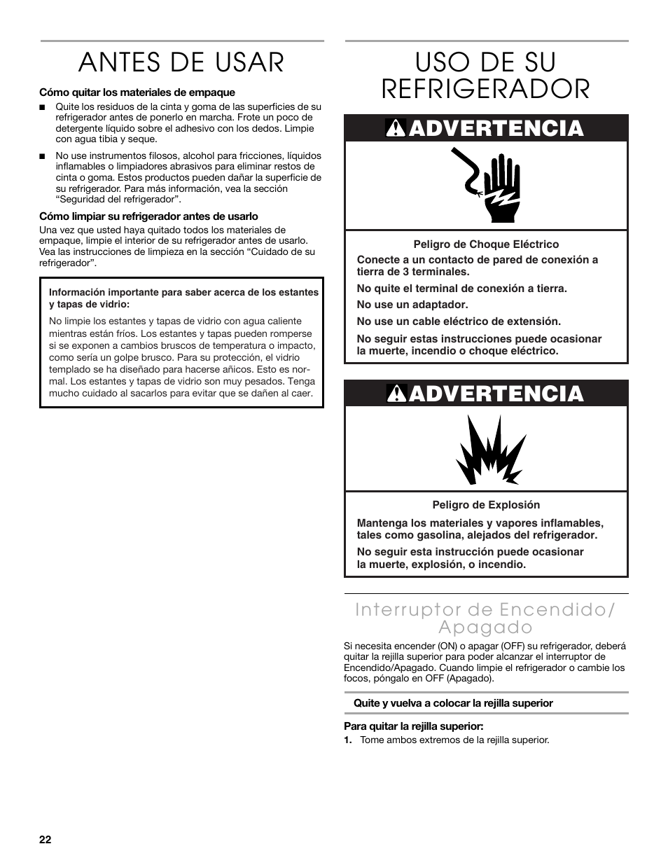 Antes de usar, Uso de su refrigerador, Advertencia | Thermador KBUDT4860A User Manual | Page 22 / 60