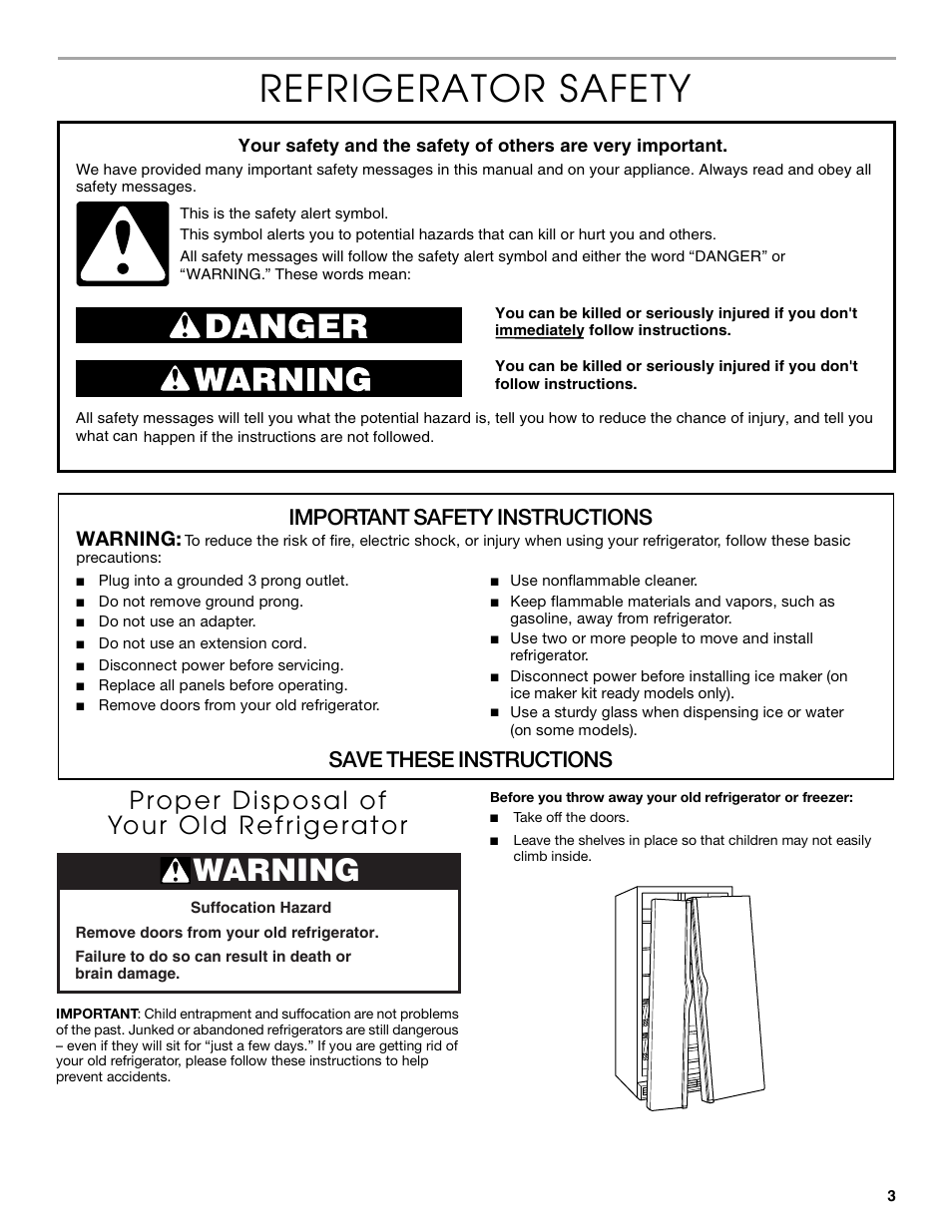 Refrigerator safety, Important safety instructions, Save these instructions | Warning | Thermador KBUDT4860A User Manual | Page 3 / 60