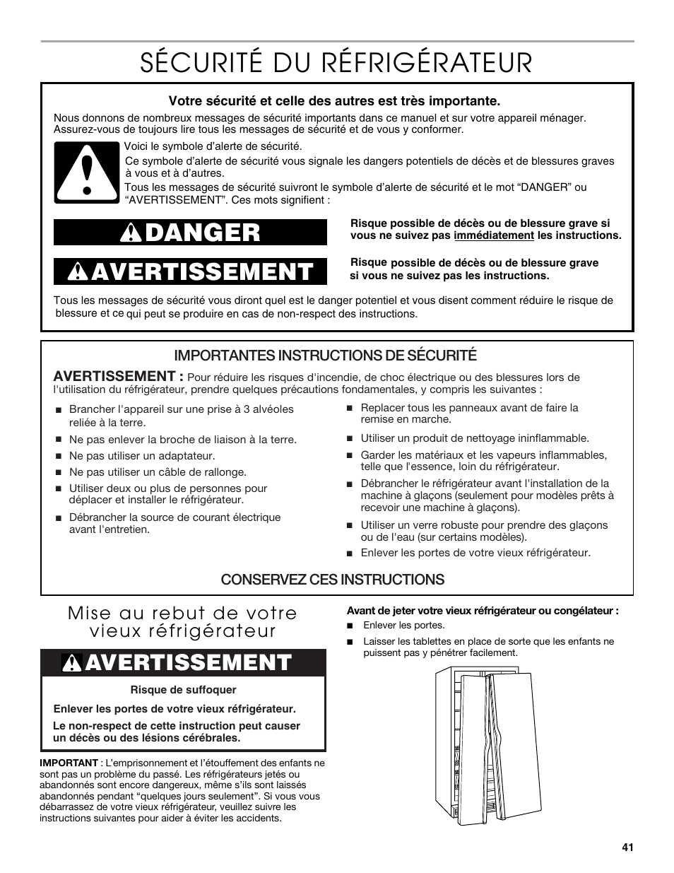 Sécurité du réfrigérateur, Danger, Avertissement | Importantes instructions de sécurité, Conservez ces instructions | Thermador KBUDT4860A User Manual | Page 41 / 60