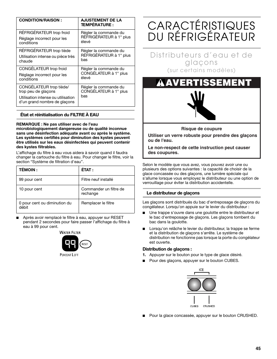 Caractéristiques du réfrigérateur, Avertissement | Thermador KBUDT4860A User Manual | Page 45 / 60
