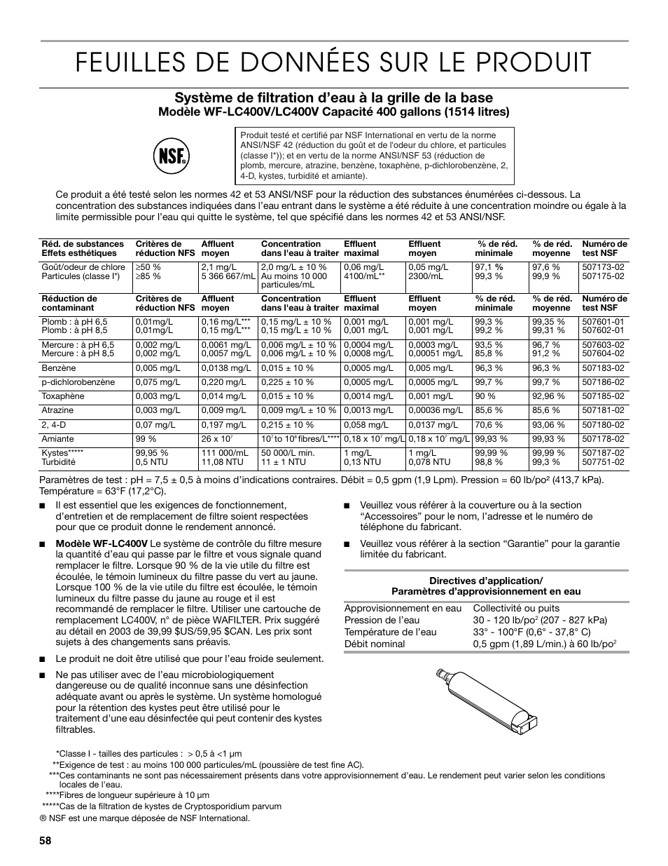 Feuilles de données sur le produit, Système de filtration d’eau à la grille de la base | Thermador KBUDT4860A User Manual | Page 58 / 60