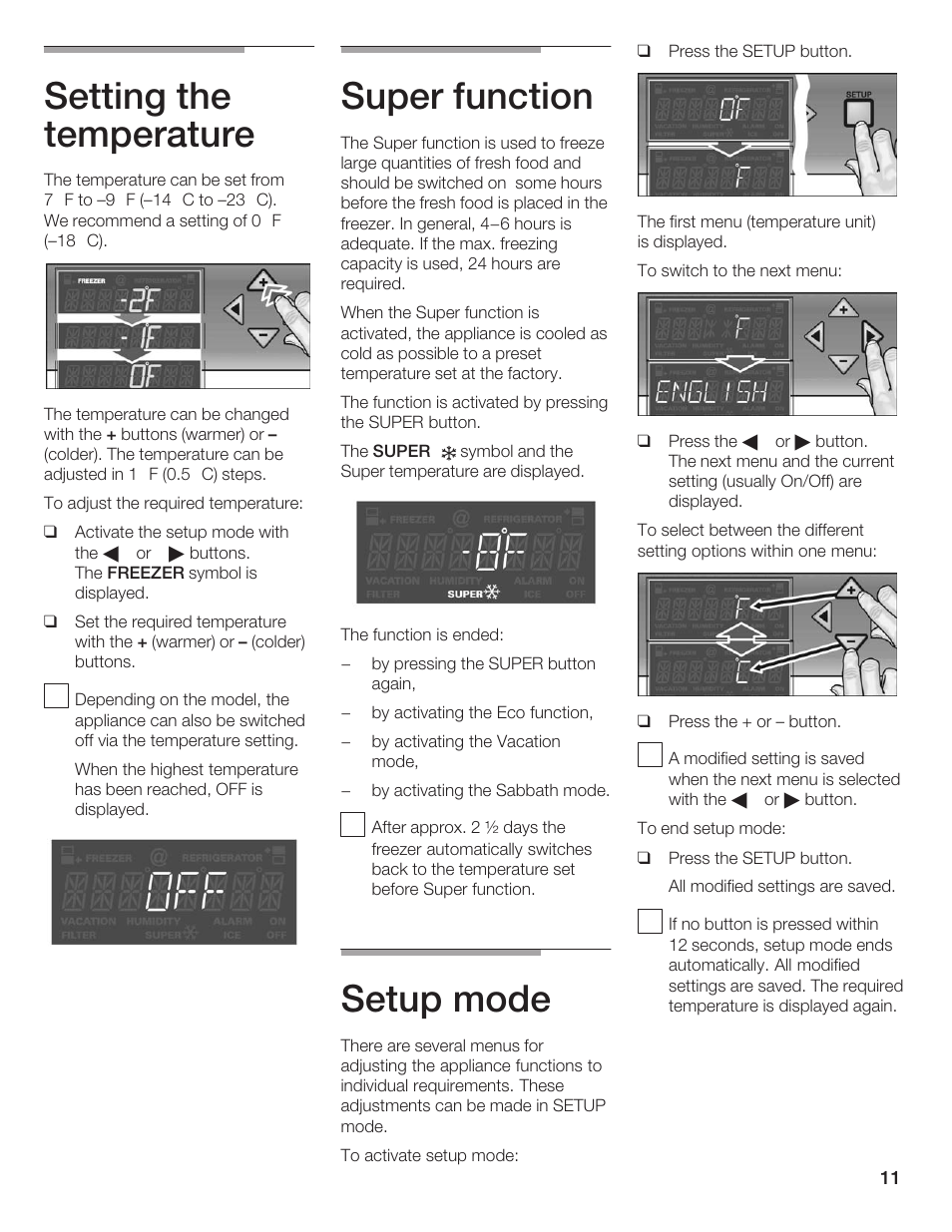 Setting the temperature, Super function, Setup mode | Thermador T24IF User Manual | Page 11 / 76