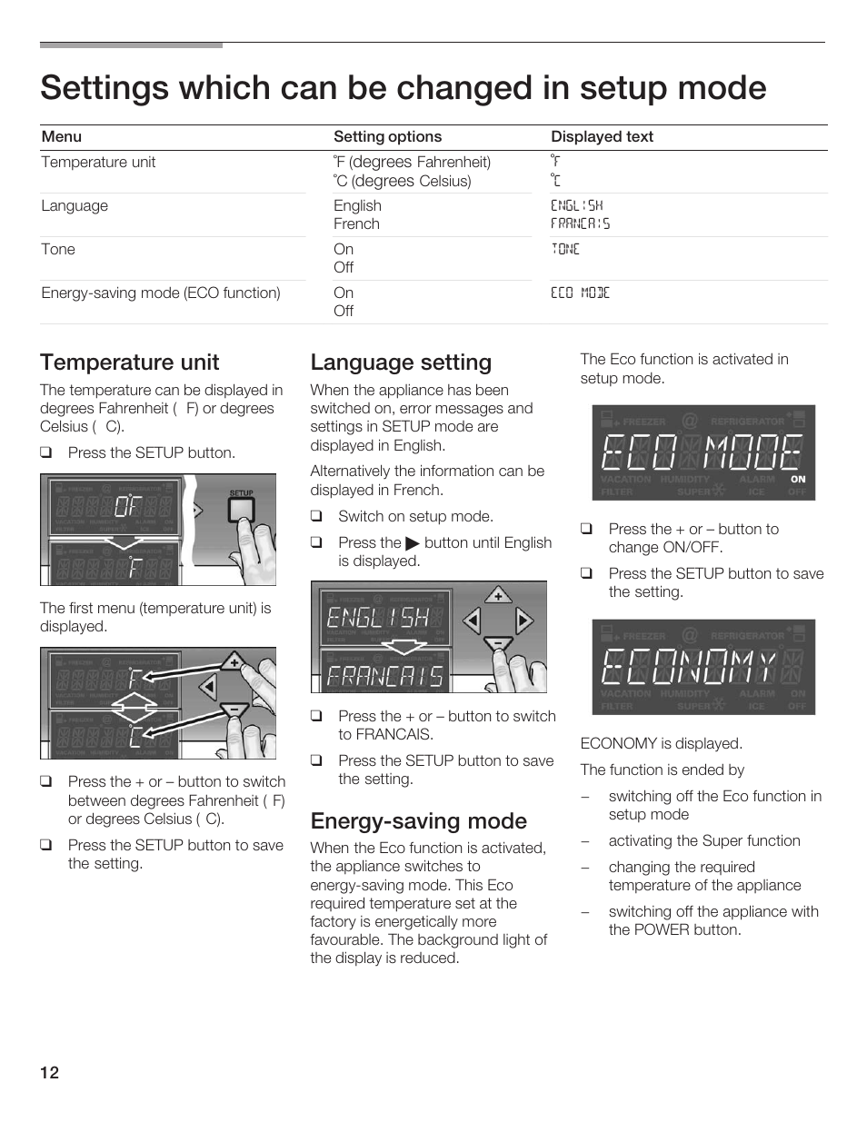 Settings which can be changed in setup mode, Temperature unit, Language setting | Energyćsaving mode | Thermador T24IF User Manual | Page 12 / 76