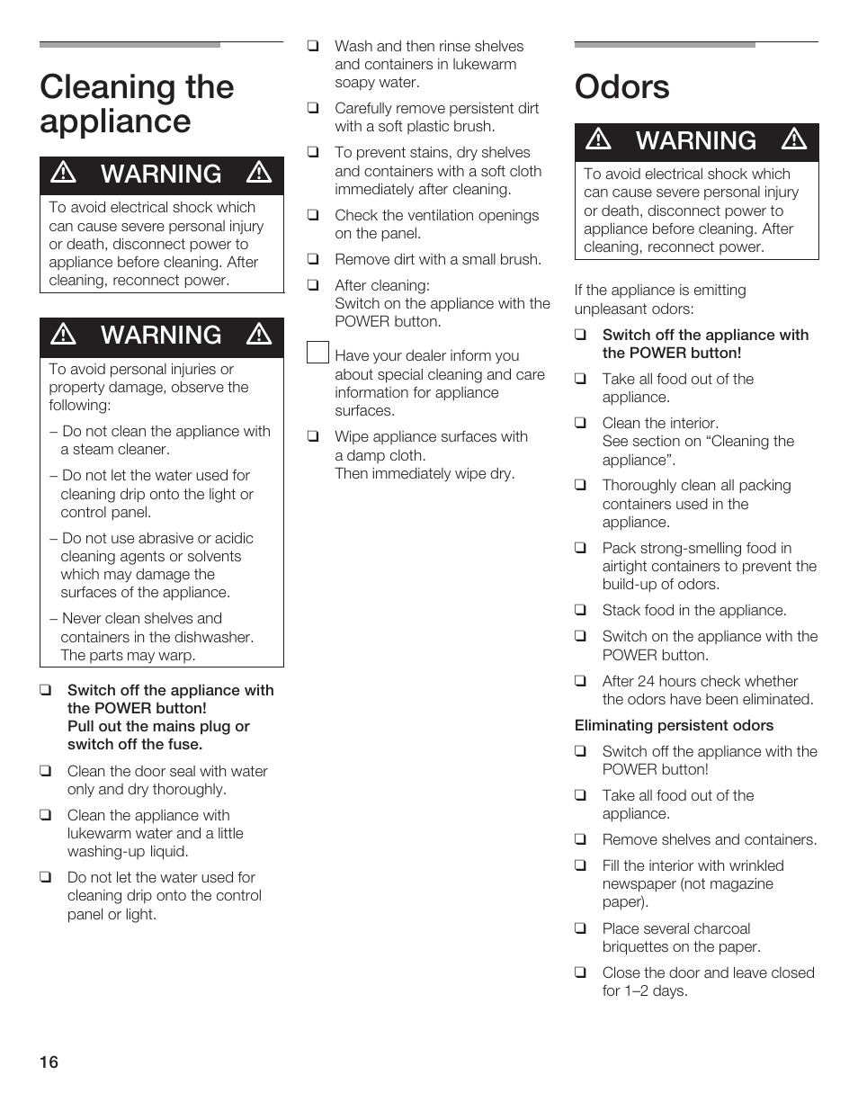 Cleaning the appliance, Odors, Warning | Thermador T24IF User Manual | Page 16 / 76