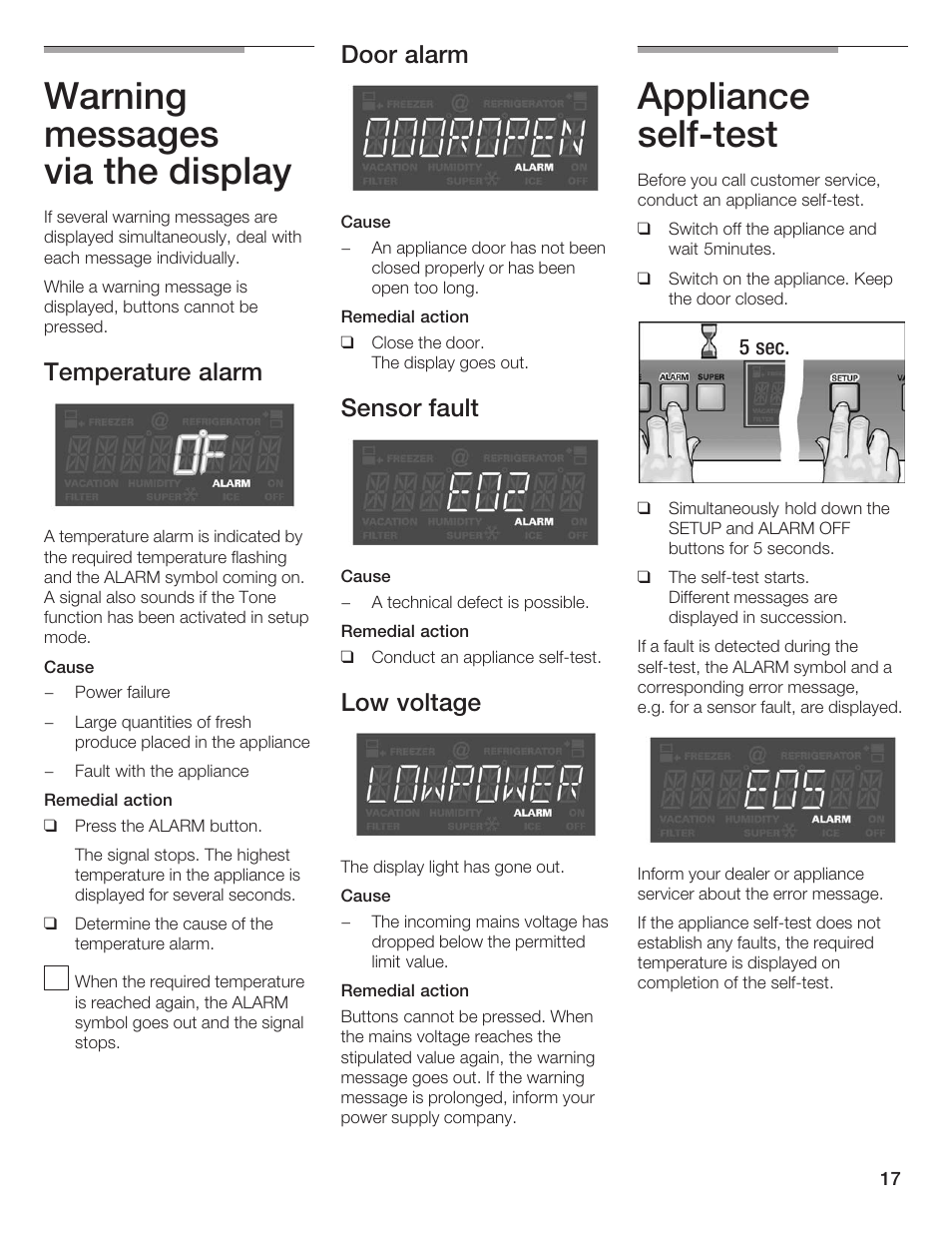 Warning messages via the display, Appliance selfćtest, Temperature alarm | Door alarm, Sensor fault, Low voltage | Thermador T24IF User Manual | Page 17 / 76