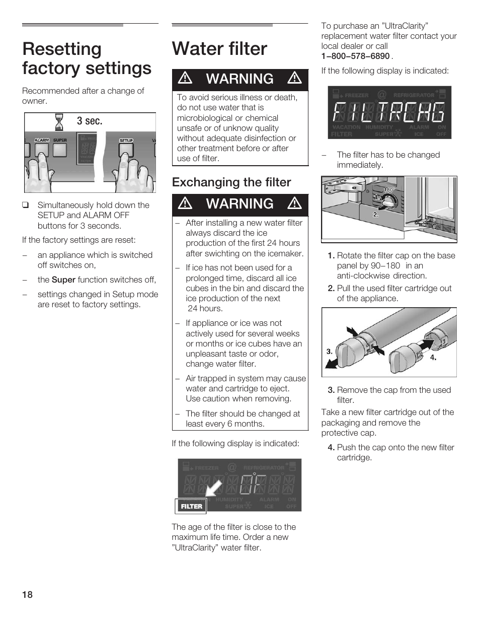 Water filter, Resetting factory settings, Warning | Exchanging the filter | Thermador T24IF User Manual | Page 18 / 76
