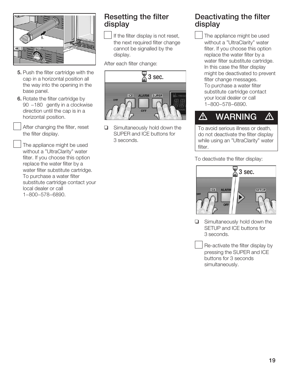 Warning, Resetting the filter display, Deactivating the filter display | Thermador T24IF User Manual | Page 19 / 76