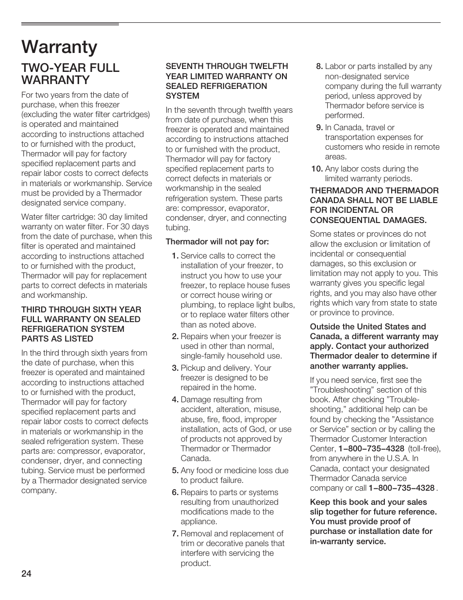 Warranty, Twoćyear full warranty | Thermador T24IF User Manual | Page 24 / 76