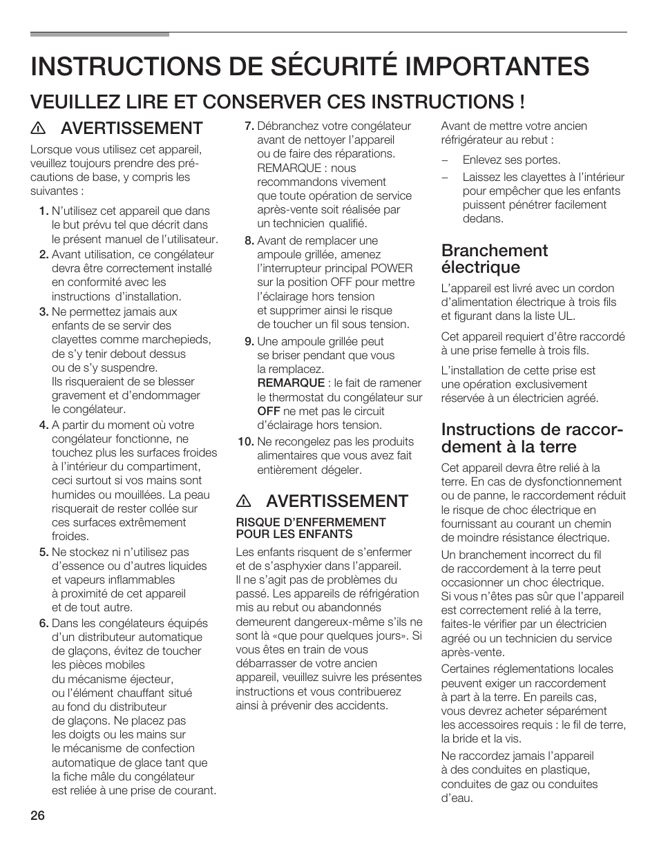 Instructions de sécurité importantes, Veuillez lire et conserver ces instructions, E avertissement | Branchement électrique, Instructions de raccorć dement à la terre | Thermador T24IF User Manual | Page 26 / 76