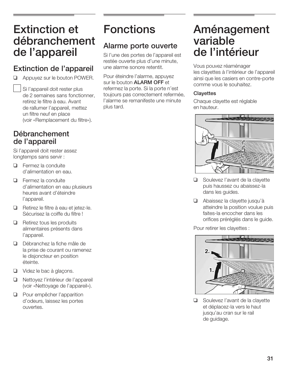 Extinction et débranchement de l'appareil, Fonctions, Aménagement variable de l'intérieur | Extinction de l'appareil, Débranchement de l'appareil, Alarme porte ouverte | Thermador T24IF User Manual | Page 31 / 76