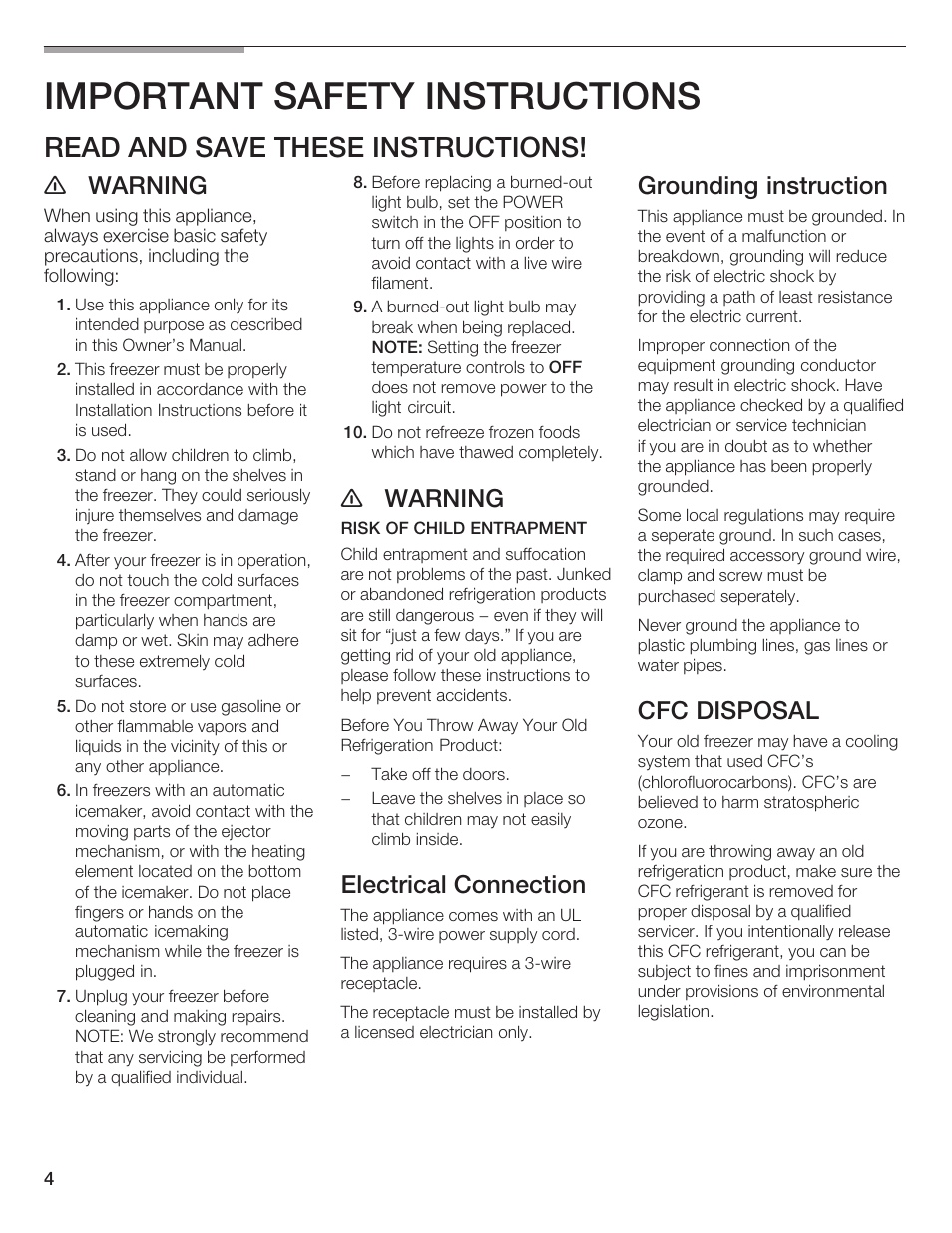 Important safety instructions, Read and save these instructions, E warning | Electrical connection, Grounding instruction, Cfc disposal | Thermador T24IF User Manual | Page 4 / 76