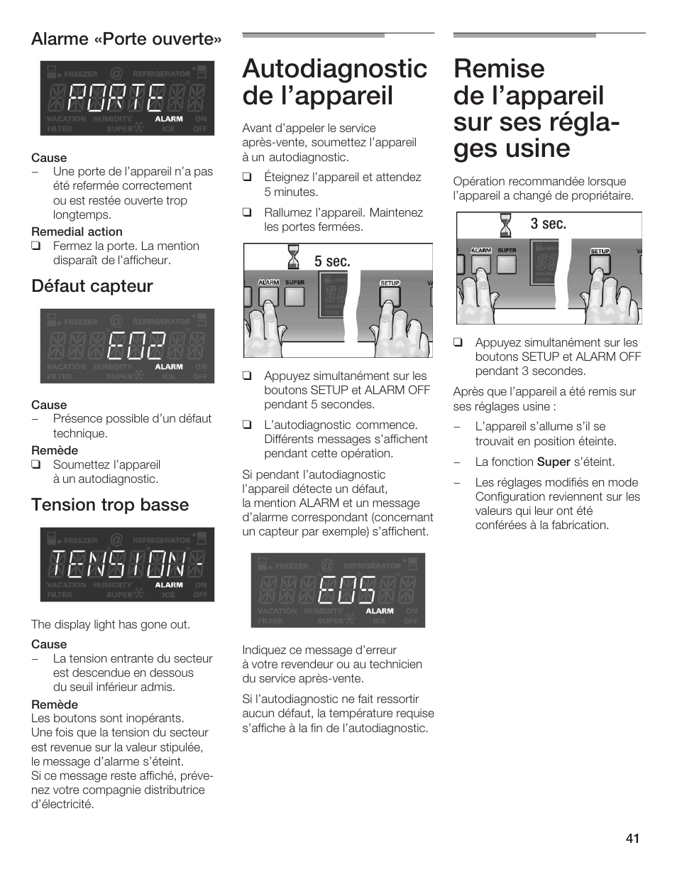 Autodiagnostic de l'appareil, Remise de l'appareil sur ses réglać ges usine, Alarme «porte ouverte | Défaut capteur, Tension trop basse | Thermador T24IF User Manual | Page 41 / 76