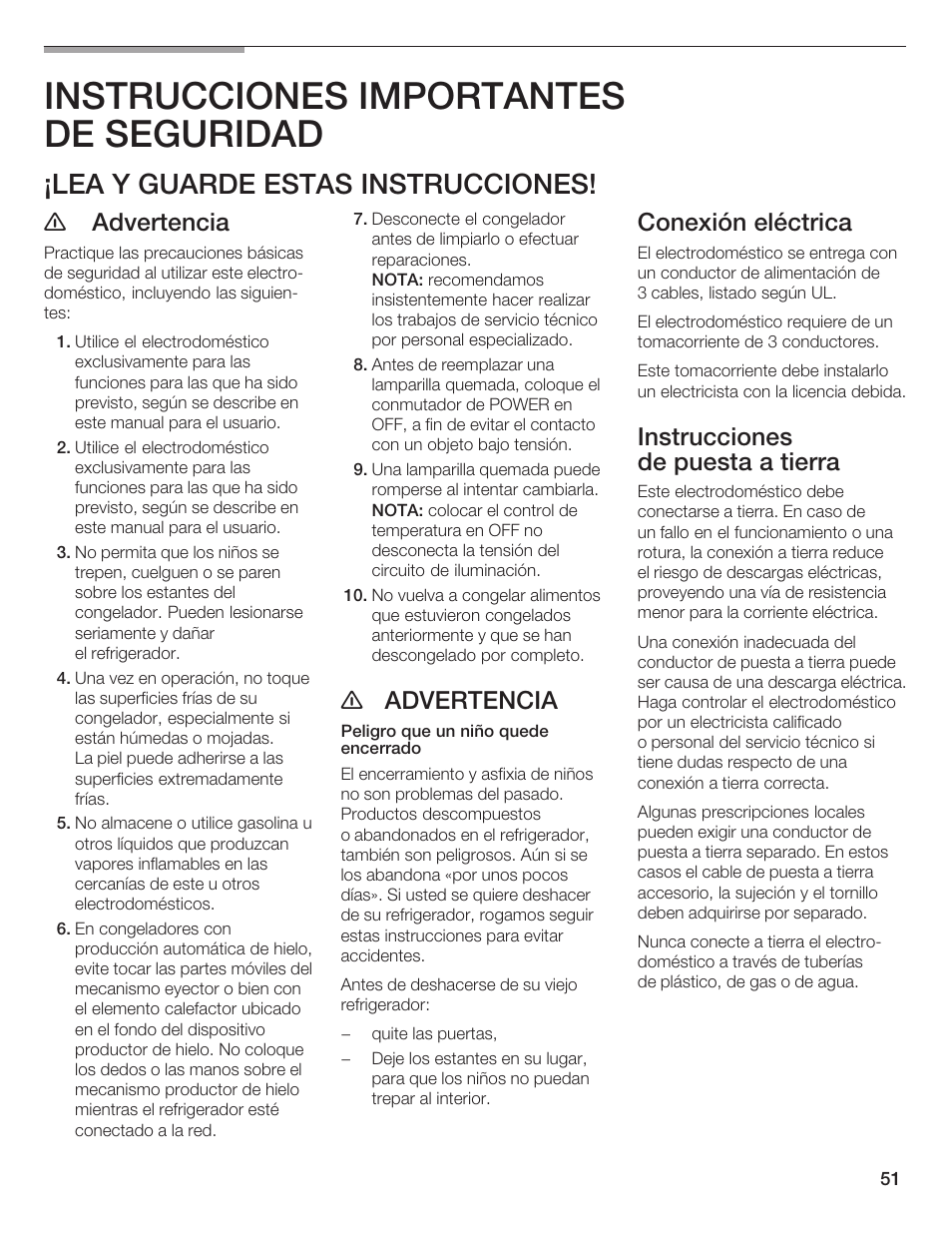 Instrucciones importantes de seguridad, Lea y guarde estas instrucciones, Advertencia | E advertencia, Conexión eléctrica, Instrucciones de puesta a tierra | Thermador T24IF User Manual | Page 51 / 76