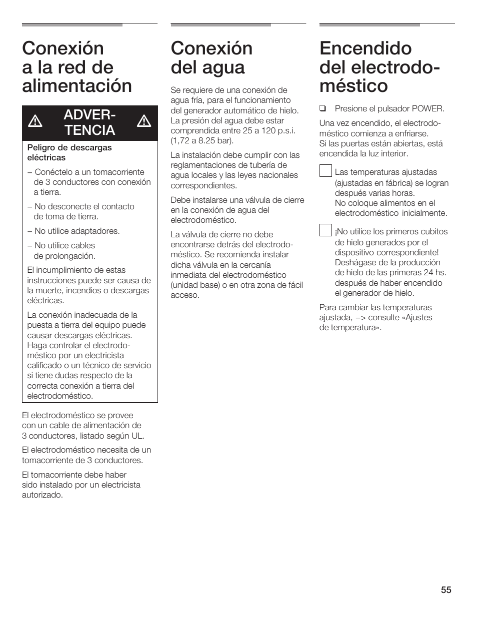 Conexión a la red de alimentación, Conexión del agua, Encendido del electrodoć méstico | Adverć tencia | Thermador T24IF User Manual | Page 55 / 76