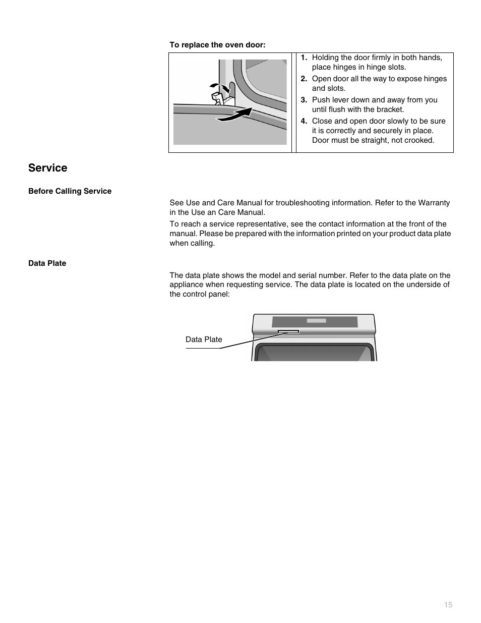 Service, Before calling service, Data plate | Servicio técnico, Antes de llamar al servicio técnico, Placa de datos, Dépannage, Avant d'appeler le service de dépannage, Plaque signalétique | Thermador POD302 User Manual | Page 15 / 44