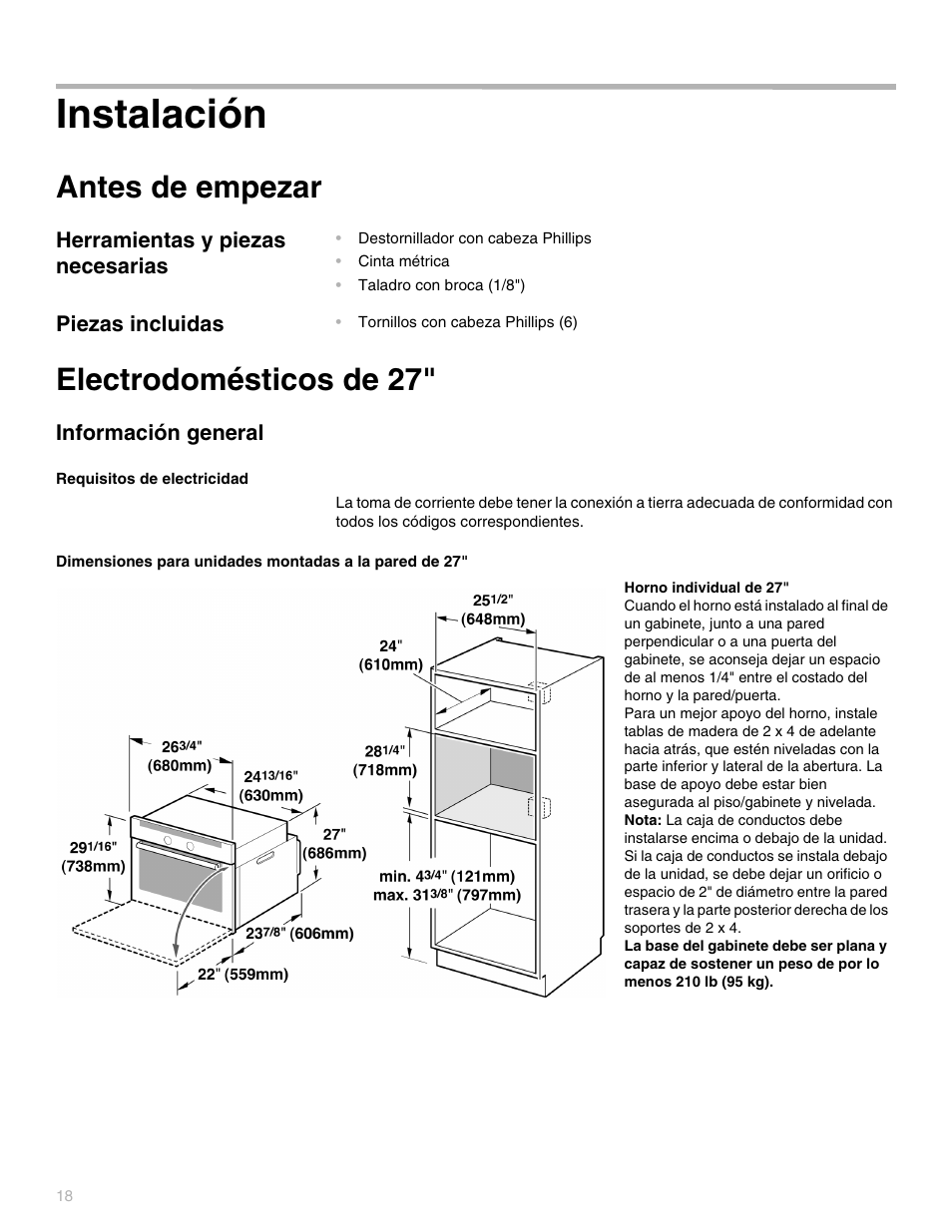 Instalación, Antes de empezar, Electrodomésticos de 27 | Thermador POD302 User Manual | Page 18 / 44