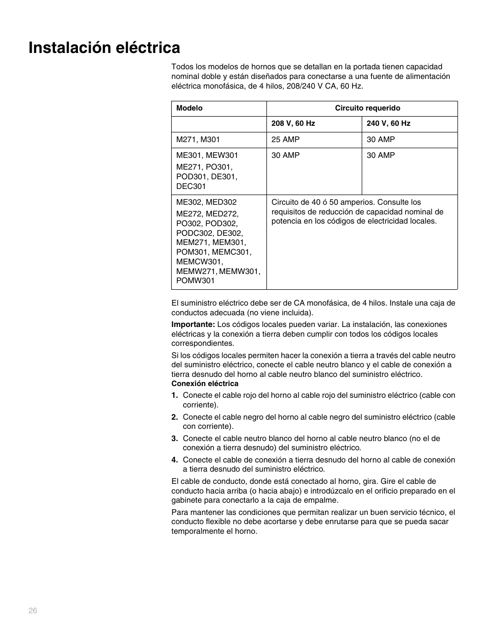 Instalación eléctrica | Thermador POD302 User Manual | Page 26 / 44