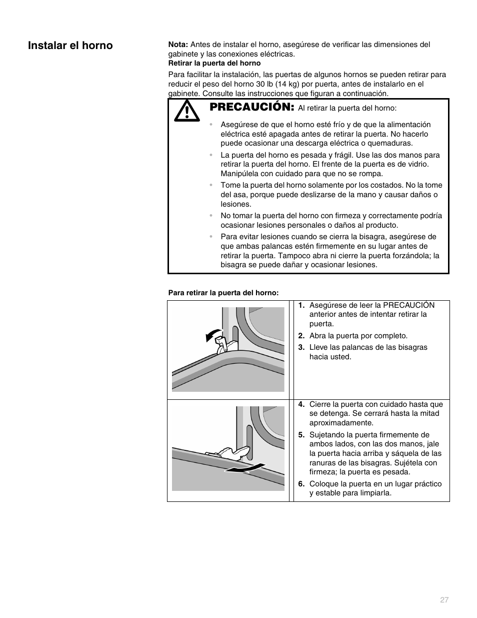 Instalar el horno, Precaución | Thermador POD302 User Manual | Page 27 / 44